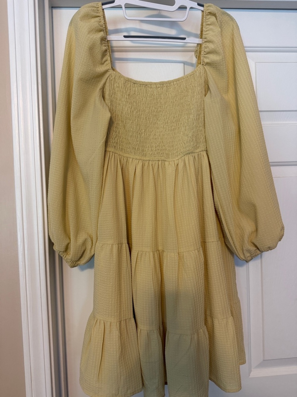 Blu Pepper Yellow Smocked Square-Neck Tiered Long Sleeve Dress